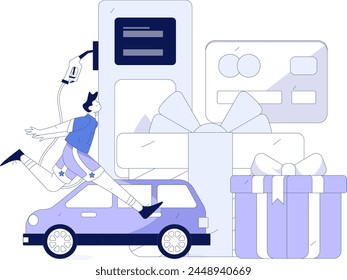 Vector Internet operation hand-drawn illustration of people getting discounts for refueling their cars
