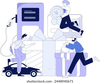 Vector Internet operation hand-drawn illustration of people getting discounts for refueling their cars

