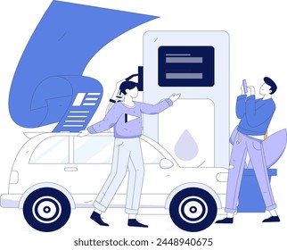 Vector Internet operation hand-drawn illustration of people getting discounts for refueling their cars
