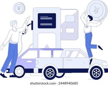 Vector Internet operation hand-drawn illustration of people getting discounts for refueling their cars
