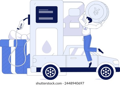 Vector Internet operation hand-drawn illustration of people getting discounts for refueling their cars
