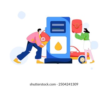 Vector Internet operación dibujado a mano ilustración de personas que obtienen descuentos para repostar sus coches

