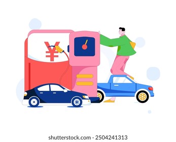 Vector Internet operation hand-drawn illustration of people getting discounts for refueling their cars
