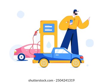 Vector Internet operation hand-drawn illustration of people getting discounts for refueling their cars
