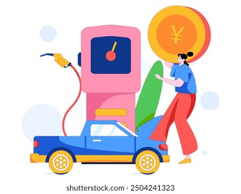 Vector Internet operation hand-drawn illustration of people getting discounts for refueling their cars

