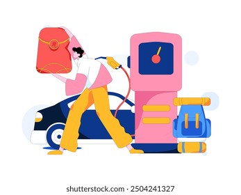Vector Internet operation hand-drawn illustration of people getting discounts for refueling their cars
