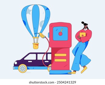 Vector Internet operación dibujado a mano ilustración de personas que obtienen descuentos para repostar sus coches
