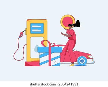 Vector Internet operation hand-drawn illustration of people getting discounts for refueling their cars
