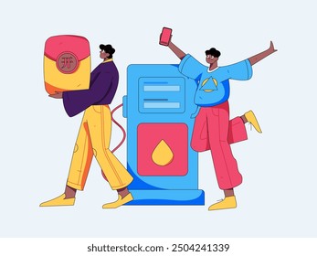 Vector Internet operation hand-drawn illustration of people getting discounts for refueling their cars
