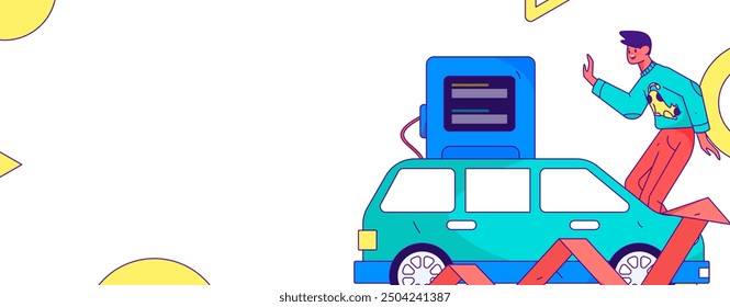 Vector Internet operación dibujado a mano ilustración de personas que obtienen descuentos para repostar sus coches
