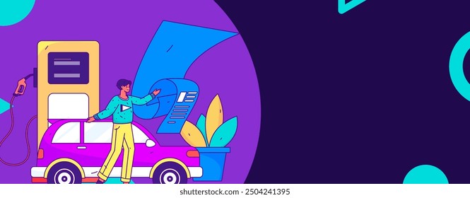 Vektor Internet-Betrieb handgezeichnete Illustration von Menschen erhalten Rabatte für die Betankung ihrer Autos
