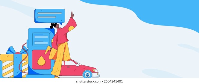 Vector Internet operation hand-drawn illustration of people getting discounts for refueling their cars
