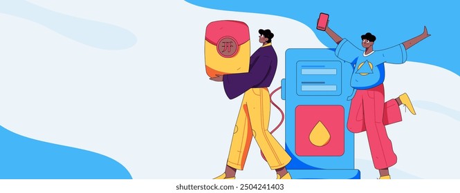 Vector Internet operation hand-drawn illustration of people getting discounts for refueling their cars
