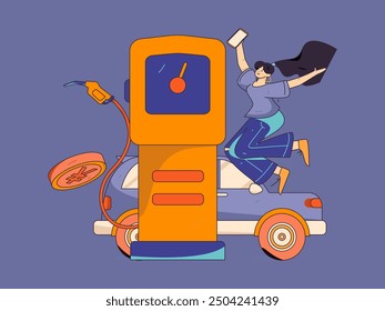 Vector Internet operation hand-drawn illustration of people getting discounts for refueling their cars
