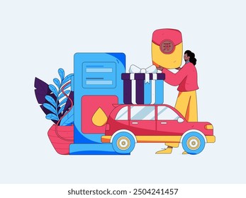 Vector Internet operación dibujado a mano ilustración de personas que obtienen descuentos para repostar sus coches
