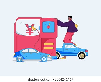 Vector Internet operation hand-drawn illustration of people getting discounts for refueling their cars
