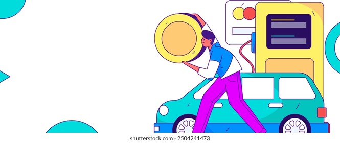 Vector Internet operación dibujado a mano ilustración de personas que obtienen descuentos para repostar sus coches
