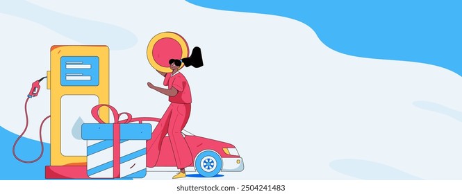 Vector Internet operation hand-drawn illustration of people getting discounts for refueling their cars
