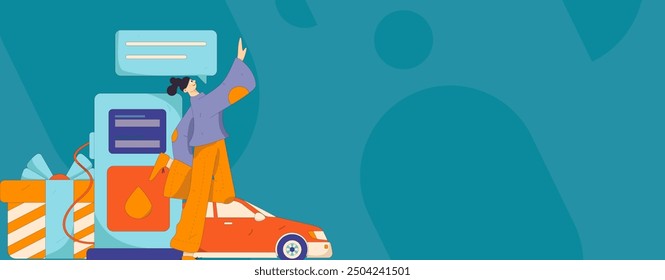 Vector Internet operation hand-drawn illustration of people getting discounts for refueling their cars
