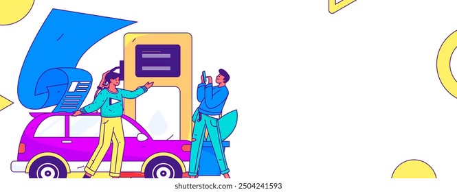 Vector Internet operation hand-drawn illustration of people getting discounts for refueling their cars
