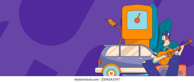 Vector Internet operación dibujado a mano ilustración de personas que obtienen descuentos para repostar sus coches
