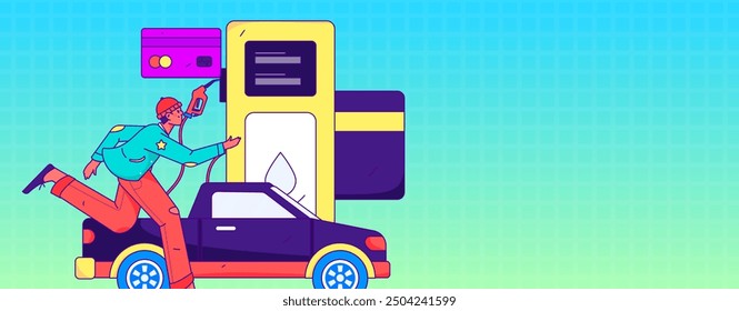 Vector Internet operation hand-drawn illustration of people getting discounts for refueling their cars
