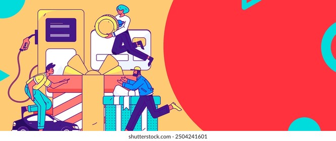 Vector Internet operation hand-drawn illustration of people getting discounts for refueling their cars

