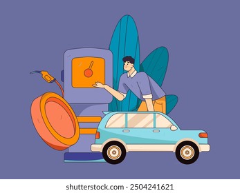 Vector Internet operation hand-drawn illustration of people getting discounts for refueling their cars
