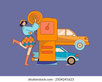 Vector Internet operation hand-drawn illustration of people getting discounts for refueling their cars
