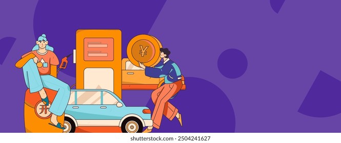 Vector Internet operation hand-drawn illustration of people getting discounts for refueling their cars
