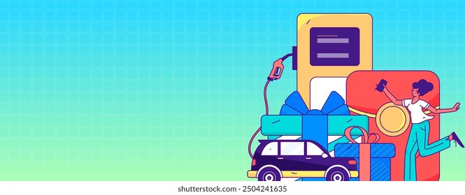 Vector Internet operation hand-drawn illustration of people getting discounts for refueling their cars
