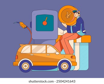 Vector Internet operación dibujado a mano ilustración de personas que obtienen descuentos para repostar sus coches
