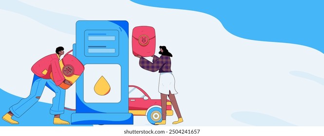 Vector Internet operation hand-drawn illustration of people getting discounts for refueling their cars
