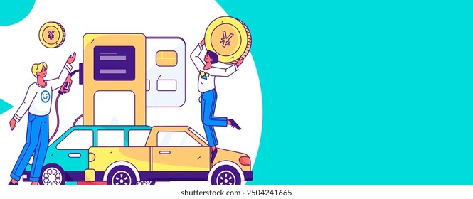 Vector Internet operation hand-drawn illustration of people getting discounts for refueling their cars
