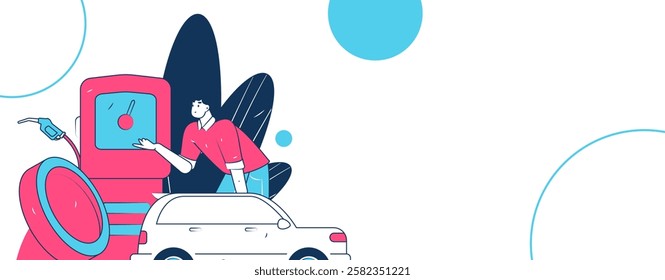 Vector Internet operation hand-drawn illustration of people getting discounts for refueling their cars