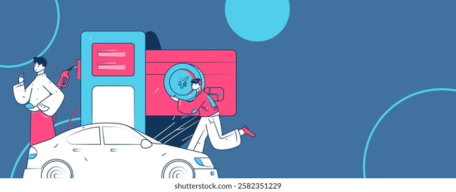 Vector Internet operation hand-drawn illustration of people getting discounts for refueling their cars