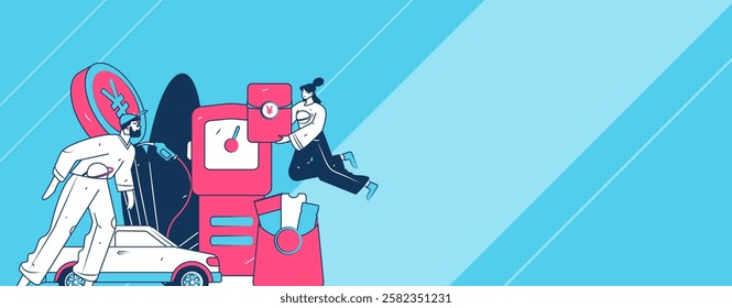 Vector Internet operation hand-drawn illustration of people getting discounts for refueling their cars