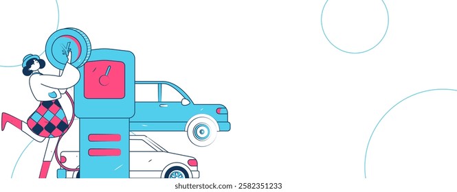 Vector Internet operation hand-drawn illustration of people getting discounts for refueling their cars