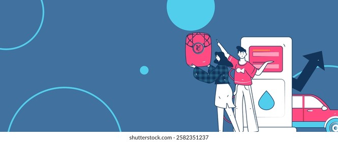 Vector Internet operation hand-drawn illustration of people getting discounts for refueling their cars