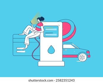 Vector Internet operation hand-drawn illustration of people getting discounts for refueling their cars