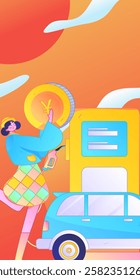 Vector Internet operation hand-drawn illustration of people getting discounts for refueling their cars