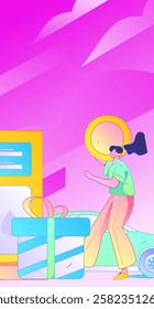 Vector Internet operation hand-drawn illustration of people getting discounts for refueling their cars