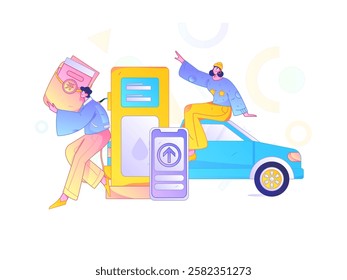 Vector Internet operation hand-drawn illustration of people getting discounts for refueling their cars