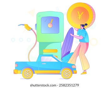 Vector Internet operation hand-drawn illustration of people getting discounts for refueling their cars