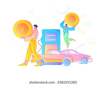 Vector Internet operation hand-drawn illustration of people getting discounts for refueling their cars