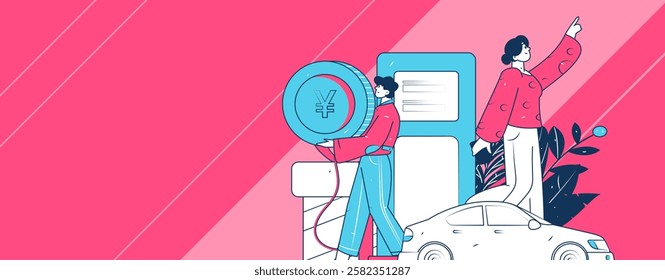 Vector Internet operation hand-drawn illustration of people getting discounts for refueling their cars