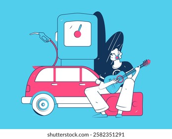 Vector Internet operation hand-drawn illustration of people getting discounts for refueling their cars