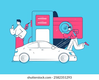 Vector Internet operation hand-drawn illustration of people getting discounts for refueling their cars
