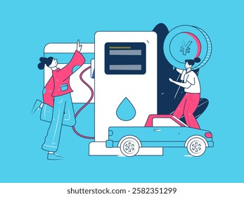 Vector Internet operation hand-drawn illustration of people getting discounts for refueling their cars