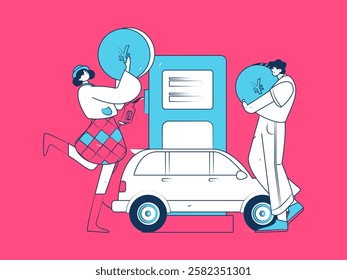 Vector Internet operation hand-drawn illustration of people getting discounts for refueling their cars